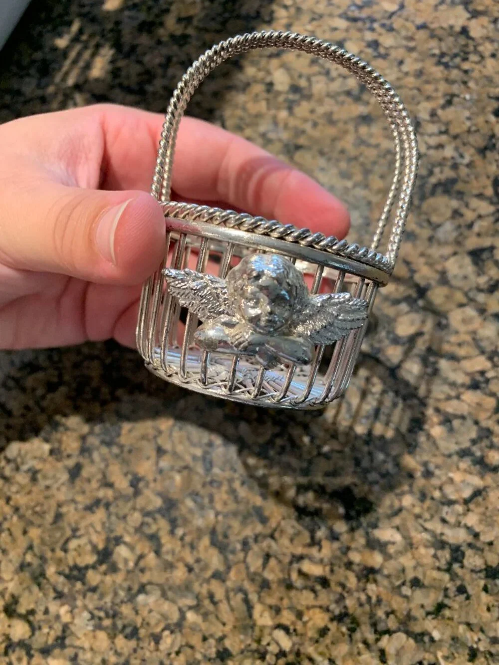 Vintage Department 56 Silver Plated Miniature Wire Basket Angel Cherub Trinket